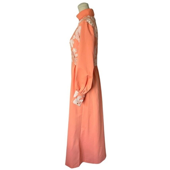 Vintage 60s 70s Peach Orange Maxi Dress Long Puff Sleeve Embroidered Floral Gown - Picture 4 of 6